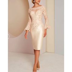 Silhouette:Sheath / Column; Hemline / Train:Knee Length; Closure:Zipper UP; Embellishment:Beading,Appliques; Fabric:Satin,Lace; Sleeve Length:Long Sleeve; Style:Luxurious,Elegant,Plus Size,Vintage; Occasion:Wedding Guest; Neckline:Jewel Neck; Sleeve Type:Bell Sleeve; Bust:; Hips:; Hollow to Floor:; Waist: Lace Mother Of The Bride Dress With Sheer Bodice, Fitted Lace Trim Evening Dress For Banquet, Fitted Evening Dress With Lace Trim For Banquet, Formal Mother Of The Bride Dress With Lace Patchwork, Lace Gown For Mother Of The Bride, Elegant Lace Dress With Sheer Bodice, Mother Of The Bride Dress With Illusion Neckline, Fitted Lace Long Sleeve Mother Of The Bride Dress, Fitted Long Sleeve Lace Mother Of The Bride Dress