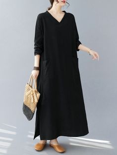 Casual Black V-neck Dress For Fall, V-neck Shift Dress With Pockets, Black A-line Dress With Pockets, V-neck Midi Dress With Pockets For Work, Solid V-neck Dress With Side Pockets, Black Long Sleeve V-neck Dress For Summer, V-neck Dresses With Side Pockets, V-neck Workwear Dresses With Pockets, V-neck Work Dresses With Pockets