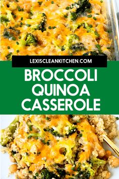 broccoli quinoa casserole in a glass baking dish