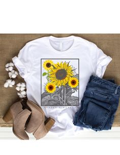 "Sunflower kind tshirt, sunflower tee, kind tee, kindness tshirt, yellow sunflower shirt, floral tshirt, summer sunflower, sunflower kind Our T-shirts are High Quality, Unisex, very soft and very comfy. We use BELLA+CANVAS brands made from cotton-poly blend. This T-shirt fits like a well-loved favorite and is definitely our top pick.  Soft cotton and quality prints make these tees comfortable and stylish.  ~~Check All Photos for Details~~ * Actual colors may vary slightly from what appears onlin Summer Casual T-shirt With Sunflower Print, Yellow T-shirt With Sunflower Design For Spring, Cotton Crew Neck T-shirt With Sunflower Design, Casual White T-shirt With Sunflower Design, Trendy Summer T-shirt With Sunflower Print, Summer Graphic Tee With Sunflower Print, Graphic Tee With Sunflower Print And Crew Neck, Summer Cotton T-shirt With Sunflower Design, White Graphic Tee With Sunflower Print