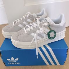 Adidas Gazelle Bold Platform Gray White Suede Platform Gazelle, Platform Adidas, Adidas Falcon Shoes, Adidas Shoes Gazelle, Adidas Gazelle Grey, Adidas Platform, Boston Shopping, Shoes Gazelle, Fashion Girlies