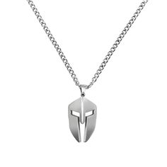 a silver necklace with a spartan helmet on the front and an arrow in the middle