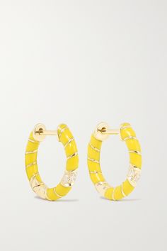 Yvonne Léon's collections effortlessly blend Parisian elegance with cool, contemporary design. These hoop earrings are hand-cast from 9-karat gold and inlaid with neon-yellow enamel. The shimmering diamonds add a touch of sparkle. Yellow Gold Enamel Small Hoop Earrings, Small Hoop Yellow Gold Enamel Earrings, Yellow Gold Small Hoop Enamel Earrings, Yellow Gold Small Hoop Earrings With Enamel, Designer Small Hoop Yellow Gold Jewelry, Designer Yellow Gold Small Hoop Jewelry, Yellow Gold Enamel Hoop Earrings, Grey Diamond, Diamond Hoop Earrings