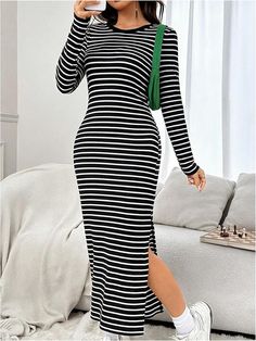 Indulge in effortless elegance with our Black Striped Long Sleeve Knit Maxi Dress! Made from high-quality, soft knit fabric, this dress features chic black stripes and long sleeves for a versatile look. Perfect for any occasion, from a casual day out to a formal event. Elevate your style today! 95% Cotton, 5% Elastane Care instructions Hand/Machine Wash Brand Size Dress Bust Waist Hip XS 0-2 31-32.5'' 23-24'' 31-34" S 4--6 33-35'' 25-26'' 35-37" M 8--10 35-36'' 27-28'' 38-39" L 12--14 38-40'' 29-31'' 40-42" XL 14-16 40-42'' 33.5-36'' 44-46" 2XL 18-20 42-44'' 37-40'' 47-50" 3XL 22-24 44-46'' 41-46'' 51-55" 4XL 26-28 46-48'' 47-50'' 56-60" Trendy Striped Long Sleeve Dress, Striped Long Sleeve Fitted Midi Dress, Striped Fitted Long Sleeve Midi Dress, Striped Fitted Midi Dress With Long Sleeves, Trendy Long Sleeve Striped Dress, Spring Striped Long Sleeve Sweater Dress, Casual Striped Midi Dress For Fall, Fall Striped Ribbed Dresses, Chic Striped Long Sleeve Midi Dress