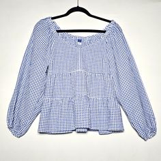 Blue And White Gingham Checked Top Smock Top Round Neckline Balloon Sleeves Lightweight Cotton Polyester Armpit To Armpit 18", Length 22", Sleeve 20", Flat Nwt Old Navy Size Small Check All Measurements Due To Different Brands, Sizes, Wash And Wear 6.1 Gingham Long Sleeve Blouse For Day Out, Long Sleeve Gingham Blouse For Day Out, Casual Gingham Blouse For Brunch, Boho Long Sleeve Top, Green Floral Blouse, Blue And White Gingham, Teal Blouse, Rayon Blouse, Old Navy Tank Tops