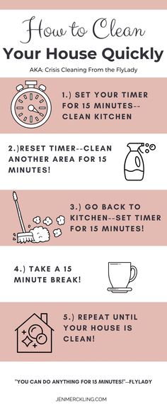 a pink and white poster with instructions on how to clean your house quickly, including cleaning tips