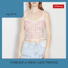 Incorporate a sweet touch to your casual outfits with this Forever 21 women's and junior's floral tank top. Made from mesh, it features a fitted-fit, spaghetti straps, a sweetheart neckline, and a delicate lace trim. Wear it with baggy jeans and sneakers for an on-trend look. Strap Type: SpaghettiFeatures: Lace TrimClosure Type: Pullover HeadFit: FittedNeckline: Sweetheart NeckSleeve Length: SleevelessFiber Content: 95% Nylon, 5% SpandexFabric Description: MeshCare: Hand Wash, Dry FlatMaterial:… Cute Fitted Camisole For Spring, Forever 21 Cami Tops, Trendy Forever 21 Cami Top, Forever 21 Camisole Tops For Spring, Forever 21 Spring Camisole Tops, Sleeveless Tops By Forever 21 For Spring, Forever 21 Casual Spring Camisole, Forever 21 Cami Tank Top For Spring, Spring Cami Tank Top By Forever 21