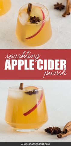 an apple cider punch in a glass with cinnamon sticks and star anise on the side