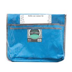 a blue bag with a label on it