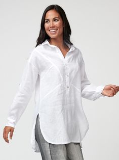 A versatile linen shirt for dressy or casual looks. Linen Button-up Shirt With Roll-up Sleeves, Classic Linen Top With Shirttail Hem, Classic Linen Tops With Shirttail Hem, Fall Linen Blouse With Shirttail Hem, Versatile Summer Shirt With Button Cuffs, Chic Linen Top With Spread Collar, Chic Linen Top With Placket, Casual Tops With Buttons And Shirttail Hem, Relaxed Fit Linen Blouse With Shirttail Hem