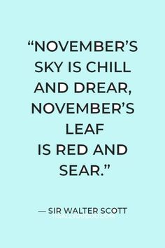 a quote from sir walter scott on november's sky is chill and dear, november's leaf is red and clear