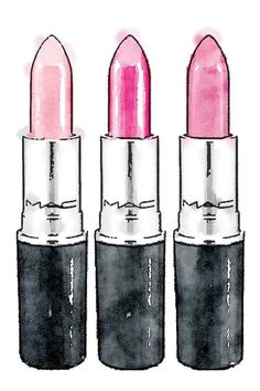 three lipsticks with pink and black lids are shown on a white background in a frame