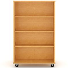 an empty wooden bookcase on wheels with no one in it's place to put the