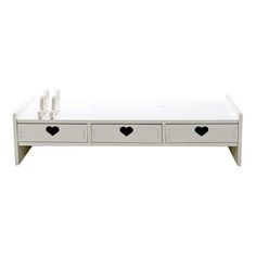 a white bench with two drawers and hearts on it