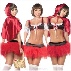 three women dressed in red and black outfits, one is holding a wicker basket