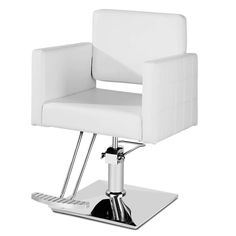 a white chair sitting on top of a metal base