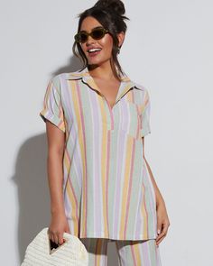 Quarter button down Collared Front bust pocket Short sleeve Striped 80% Cotton 20% Linen Runs Small Spring Layers, Vici Collection, Unique Women, Select Shop, Striped Short, Striped Shorts, Trending Now, Shorts With Pockets, Short Sleeve Top