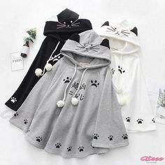 Qteee - Charming Cartoon Cat Paw Print Plush Hooded Cloak Coat Áo Blu, Black Kawaii, Kawaii Culture, Cartoon Kitty, Hoodie Poncho, Mode Kawaii, Cat Paw Print, Kawaii Fashion Outfits, Cat Paw