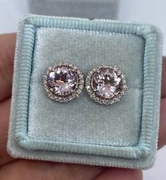 Beautiful soft pink morganite diamond earrings Rose Gold. One Pair of Simple stud earring but very classy. Good for everyday wear. Feminine and pretty. 10.8mm round halo. Genuine Earth Mined Morganite stones 7.4mm Round Cut 2.72 carats total weight Clarity: VS Eye clean stones Natural Round Brilliant Cut Diamonds total weight 0.40 carats Clarity: SI/I Color: G/H 14K rose gold setting Large push back butterfly locks. Comes with gift box * We have been in the wholesale Jewelry business for over 30 Pink Morganite Halo Jewelry, Rose Gold Morganite Jewelry With Vvs Clarity, Pink Gold Round Jewelry With Halo Setting, Fine Jewelry Rose Gold Halo Diamond Earrings, Pink Gold Jewelry With Halo Setting, Elegant Morganite Jewelry, Blush Morganite Jewelry For Formal Occasions, Blush Morganite Formal Jewelry, Fine Jewelry In Pink Gold With Halo Design