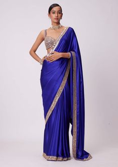 Persian Blue Hand Embroidered Satin Sari And Blouse by Vvani By Vani Vats available on Indiaspopup.com Blue Satin Saree, Satin Sari, South Indian Bride Jewellery, Indian Brides Jewelry, Farewell Sarees, Full Sleeve Blouse, Mirror Embroidery, Weddings Receptions, Fancy Sarees Party Wear