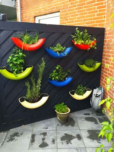 an outdoor herb garden is displayed on the side of a building