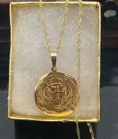 "14k gold Atocha coin pendant with 14k gold dainty chain 20\" long" Atocha Coin Necklace, 14k Gold Medallion Amulet Jewelry, 14k Gold Amulet Coin Necklace Tarnish Resistant, Gold Plated Coin Pendant Jewelry, Gold-tone Amulet Round Pendant Jewelry, Gold-tone Round Pendant Amulet Jewelry, 14k Gold Coin Pendant Charm Necklace, 14k Gold Round Pendant Amulet Coin Necklace, 14k Gold Amulet Jewelry With Coin Pendant