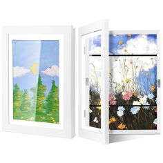 an open window with flowers and trees painted on the outside, in front of a white background