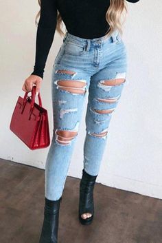 Ripped Elasticity Jean Pants