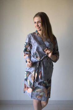 Gray Butterfly Baby Patterned Robe | Kimono Style getting ready robe for wedding day, bridal shower Gray Butterfly, Mode Kimono, Girls Robes, Butterfly Baby, Kimono Style, Bridal Shower Gift, Dressing Gown, Kimono Fashion, Bridal Shower Gifts