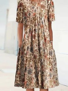 Women's Spring Rust Floral Dress Crew Neck Short Sleeve A Line Midi Dress Summer Dress Boho, Casual Dress Summer, A Line Midi Dress, Xxxl Dress, Boho Summer Dresses, Dresses Xxl, Spring Outfits Women, Dresses By Length, Dress Boho