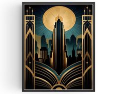 an art deco poster with the city skyline in gold and black