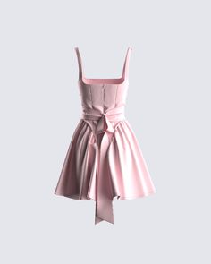 Pink, pretty, and precious - this pink bow mini dress will have everyone falling for you 💗 Made from poplin fabric and complete with a fit and flare shape, bow details, shirring, and center back invisible zipper 🌟 Pink Formal Dresses Short, Pink Dress Bow, Pink Dress With Bow, 18th Birthday Dress, Pink Prom Dresses Short, Dress For Chubby, Pink Bow Dress, Pastel Pink Dress, White Corset Dress