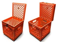 two orange plastic boxes with lattice designs on them, one is open and the other has a lid