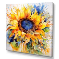 a painting of a sunflower with blue and yellow paint splatters on it