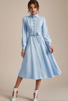 chiffon v neck long sleeves elastic band midi wedding guest dress 100371 Spring Wedding Solid Color Midi Dress, Elegant Buttoned Midi Dress For Wedding, Winter Office Wear Dresses With Buttons, Elegant Solid Color Dresses For Work, Fitted Belted Midi Dress For Wedding, Elegant Solid Color Dress For Office Wear, Belted Fitted Midi Dress For Wedding, Elegant Solid Color Dress For Work, Feminine Semi-formal Spring Dresses