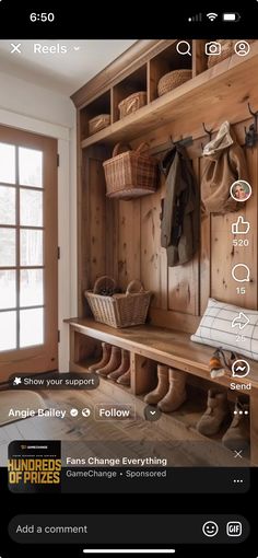 an image of a wooden bench with shoes hanging on the wall and other items in baskets