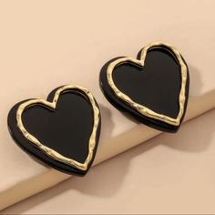 Black & Golden Shimmer Trimmed Heart Stud Earrings Perfect For Any Outfit, Any Occasion, And Any Season Individually Wrapped Material: Acrylic Gold Heart Stud Earrings, Heart Piercing, Gold Heart Studs, Gold Heart Earring, Stud Jewelry, Fashion Jewelry Earrings, Heart Decorations, Handcrafted Earrings, Gold Shimmer