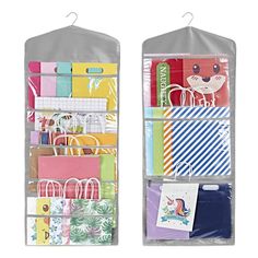 two bags with different items hanging from them on hooks and tags attached to hangers