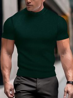 Men Summer Solid Color Stand Collar Short Sleeve Casual T-Shirt Dark Green Casual  Short Sleeve Fabric Plain  Medium Stretch  Men Clothing, size features are:Bust: ,Length: ,Sleeve Length: Simple T Shirt, Tshirt Men, Simple Tshirt, Men Summer, Tee Shirt Homme, Green Tshirt, Men Clothing, Casual T Shirts, Mens Summer