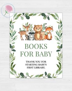 a baby shower sign with the words books for baby on it and an image of two bears