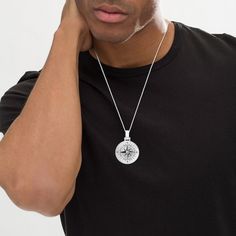 Set a course in style with this personalized and engravable compass disc pendant for him. Created in sterling silver This round disc showcases a detailed compass design etched into the front side. Along the back, your message - up to four lines, each up to 20 characters in length - appears in a print font. Using the finest metals and latest technology, this piece is handcrafted and meticulously finished in the Usa. This pendant suspends along a 22.0-inch spiga chain that secures with a lobster claw clasp. White Gold Compass Medallion Necklace, White Gold Medallion Necklace With Compass Design, White Gold Compass Design Medallion Jewelry, White Gold Compass Medallion Jewelry, Silver Engraved Round Disc Medallion Necklace, Silver Polished Medallion Necklace, Silver Medallion Jewelry With Compass Design, Compass Design, Print Fonts