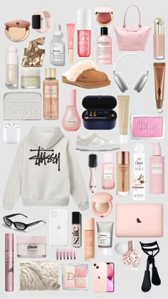 the contents of a woman's purse are arranged in a collage with pink and white