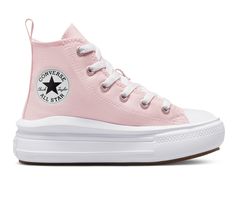 Breathable canvas upper, High-top design with lace-up closure for a custom fit, Iconic rubber toe cap and textured toe bumper, Approx. 1 1/2 inch platform height, Cushioned insole with fabric lining, Sculpted foam midsole and durable rubber outsole, Converse® All Star branding details | Girls' Converse Chuck Taylor Move Platform Sneakers in Pink/White/Black Size 12.5 - Little Kid Kids Sneakers Girls Fashion Styles, Cute Shoes For Girls 10-12, Converse For Kids, Peach Converse, Cute Converse Shoes, Star Branding, Cute Converse, Sneakers For Kids