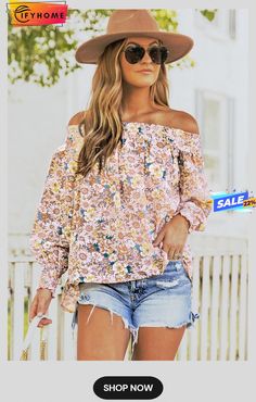 Off The Shoulder Smocked Floral Top Casual Off-shoulder Smocked Top For Spring, Fall Vacation Blouse With Smocked Bodice, Fall Season Off-shoulder Smocked Top, Summer Floral Print Long Sleeve Smocked Top, Spring Bohemian Smocked Top With Smocked Cuffs, Bohemian Smocked Top With Smocked Cuffs For Spring, Fall Vacation Blouse With Smocked Back, Casual Printed Peasant Top For Fall, Spring Off-shoulder Smocked Top With Smocked Cuffs