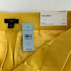 Brand New With Tags, Ann Taylor Sunny Yellow Slacks, Mid Rise. Slim Leg, Hits At The Ankle 6p. Summer Office Dress Pants With Tapered Leg, Yellow Office Bottoms For Summer, Summer Office Fitted Dress Pants, Summer Fitted Office Dress Pants, Summer Fitted Dress Pants For Office, Yellow Summer Office Bottoms, Fitted Dress Pants For Summer Office Wear, Tailored Dress Pants For Summer Workwear, Yellow Bottoms For Office Spring Season