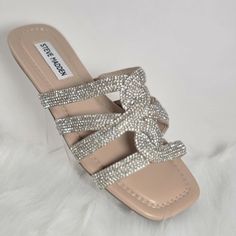 Simple, Yet Statement-Worthy, This Steve Madden Nude Sandal With Braided Rhinestone Detail Is An Instant Classic. Has Crisscross Straps That Hug The Foot Through Every Effortless Stride. Chic And Casual Slide Sandal Lifted By A Lightweight Platform. Cushioned Footbed For All Day Wear. Man-Made Upper, Lining, Footbed, And Outsole. Imported. If You Love Bling, These Sandals Are For You! Photos Alone Cannot Show The Blingy Nature Of This Sandal. Please Refer To The Second To Last Photo To Get An Id Spring Bedazzled Flat Sandals, Bedazzled Flat Sandals For Evening, Bedazzled Flat Evening Sandals, Silver Sandal, Nude Sandals, Rhinestone Sandals, Silver Sandals, Steve Madden Shoes, Slide Sandals