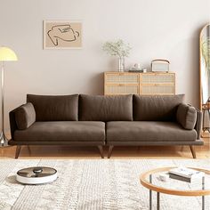 a living room with a couch, coffee table and mirror on the wall next to it