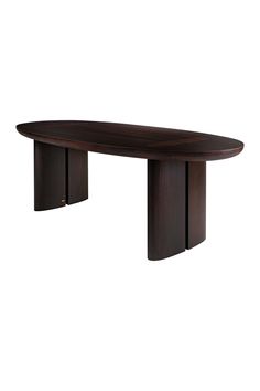 an oval wooden table with two legs on the top and one leg up against it