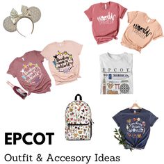 several t - shirts and backpacks are shown with the words epcot on them