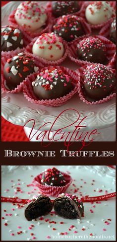 chocolate truffles with white and red sprinkles are on a plate